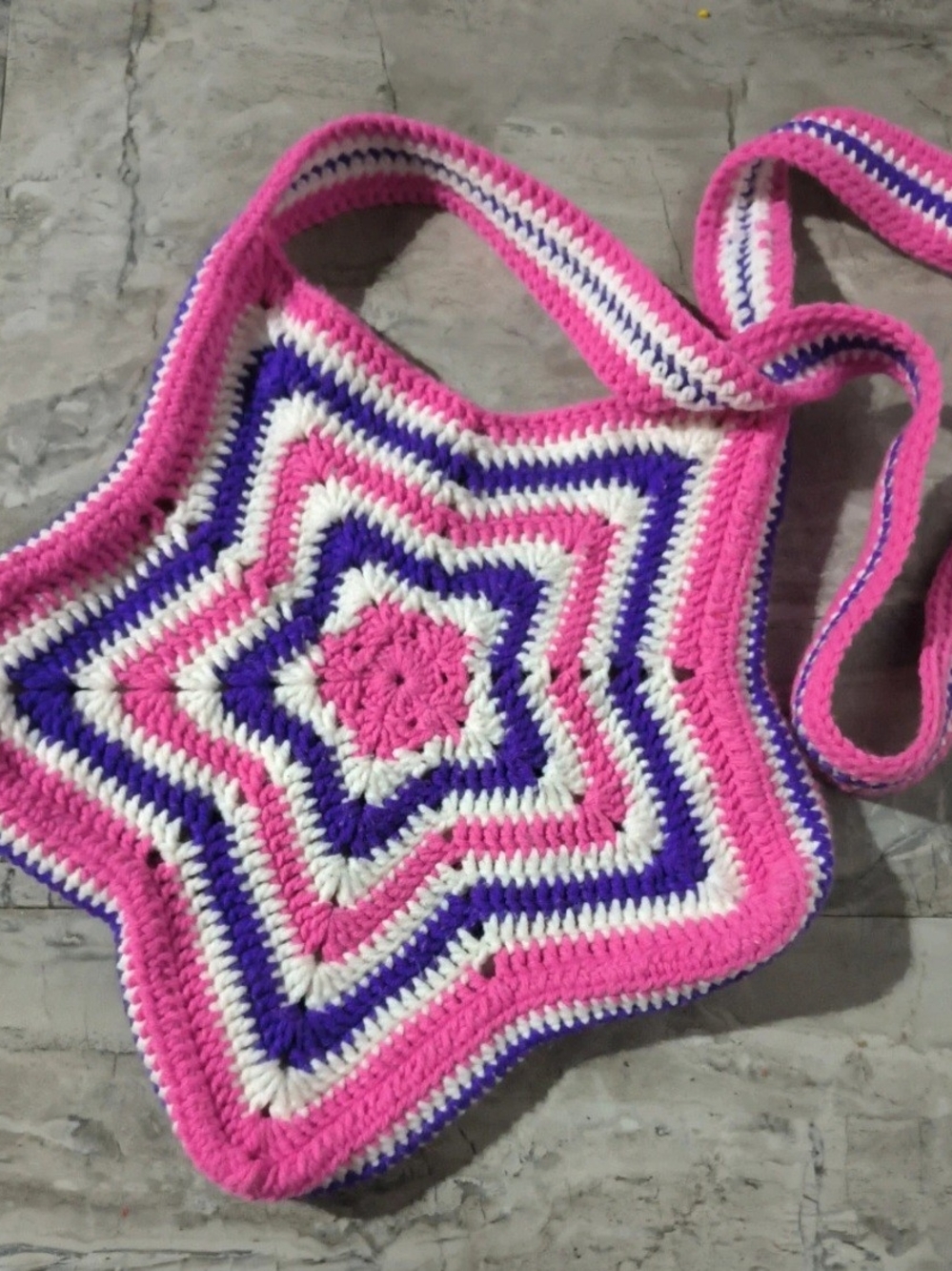 Handmade Crochet Star Crossbody Bag in Pink, Purple & White